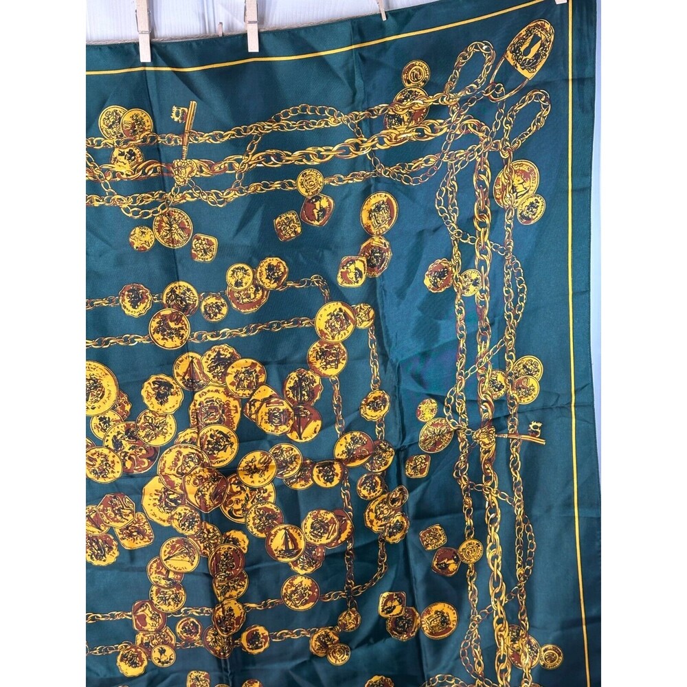 Ladies Scarf Gold Coin Design 100% Polyester 35in Square Deep Emerald Green - Picture 3 of 6
